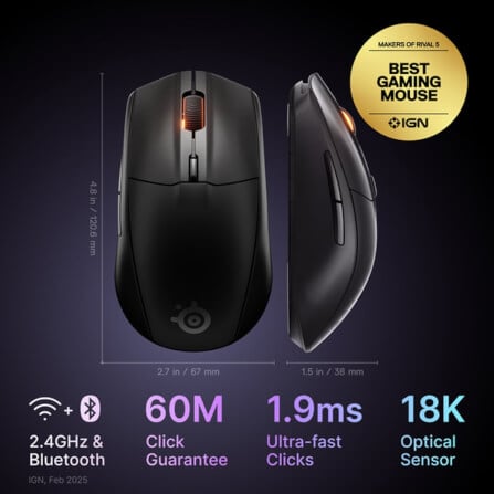 เมาส์เกมมิ่ง STEELSERIES RIVAL 3 WIRELESS GEN 2 สีดำ_1