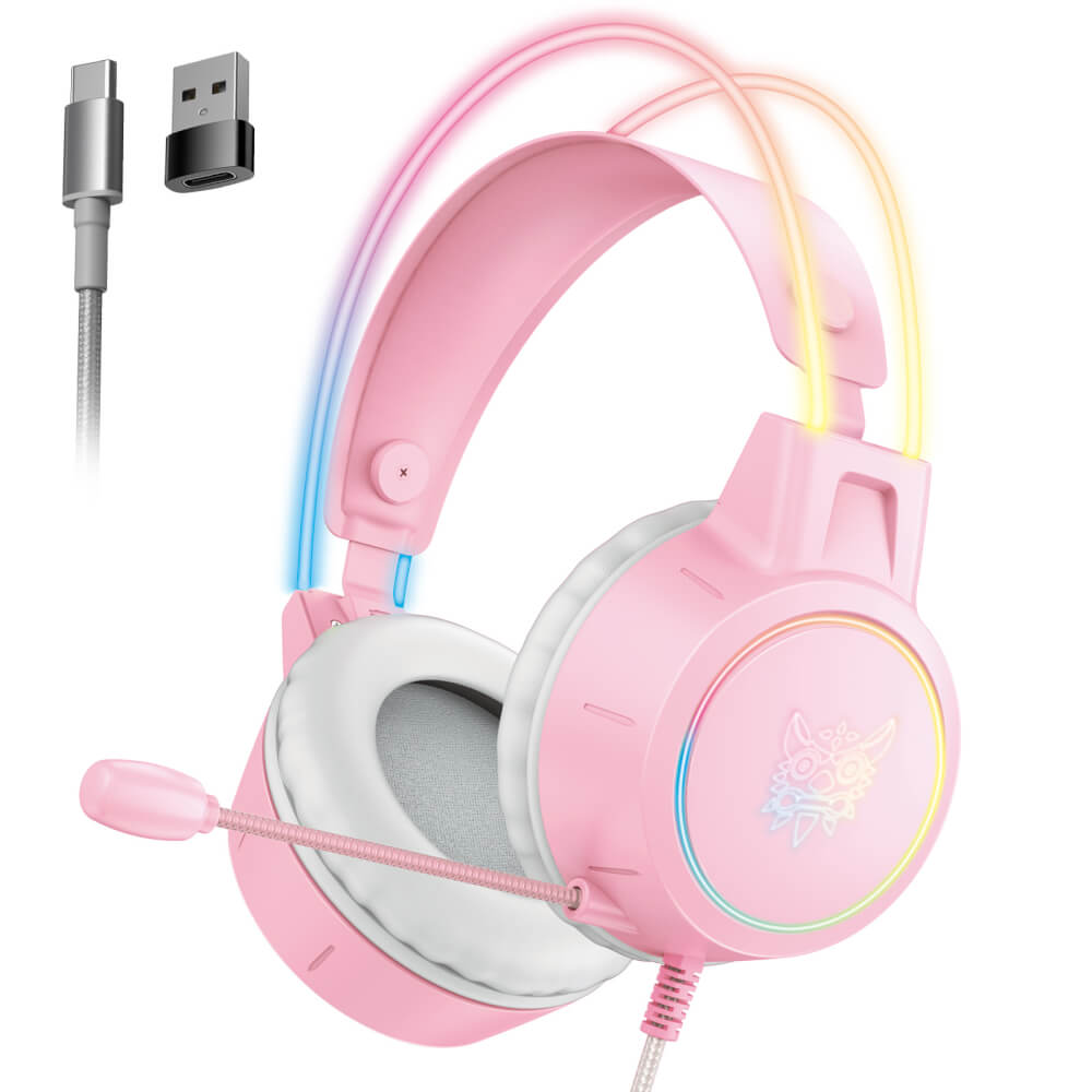 หูฟังเกมมิ่ง ONIKUMA X15 PRO RGB LIGHT DOUBLE-HEAD BEAM GAMING HEADSET - สีชมพู_1