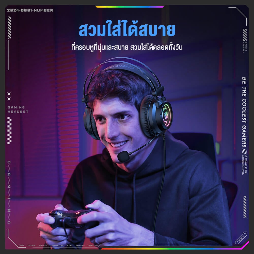 หูฟังเกมมิ่ง ONIKUMA X80 ABYSSAL MIRROR 7.1 VIRTUAL SURROUND เอฟเฟกต์แสงไฟ RGB - สีดำ_10