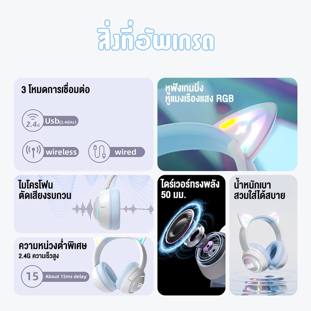 หูฟังเกมมิ่ง ONIKUMA GT838 เชื่อมต่อได้ 3 โหมด BLUETOOTH 5.3 / USB-C / 2.4G DONGLE - สีฟ้า