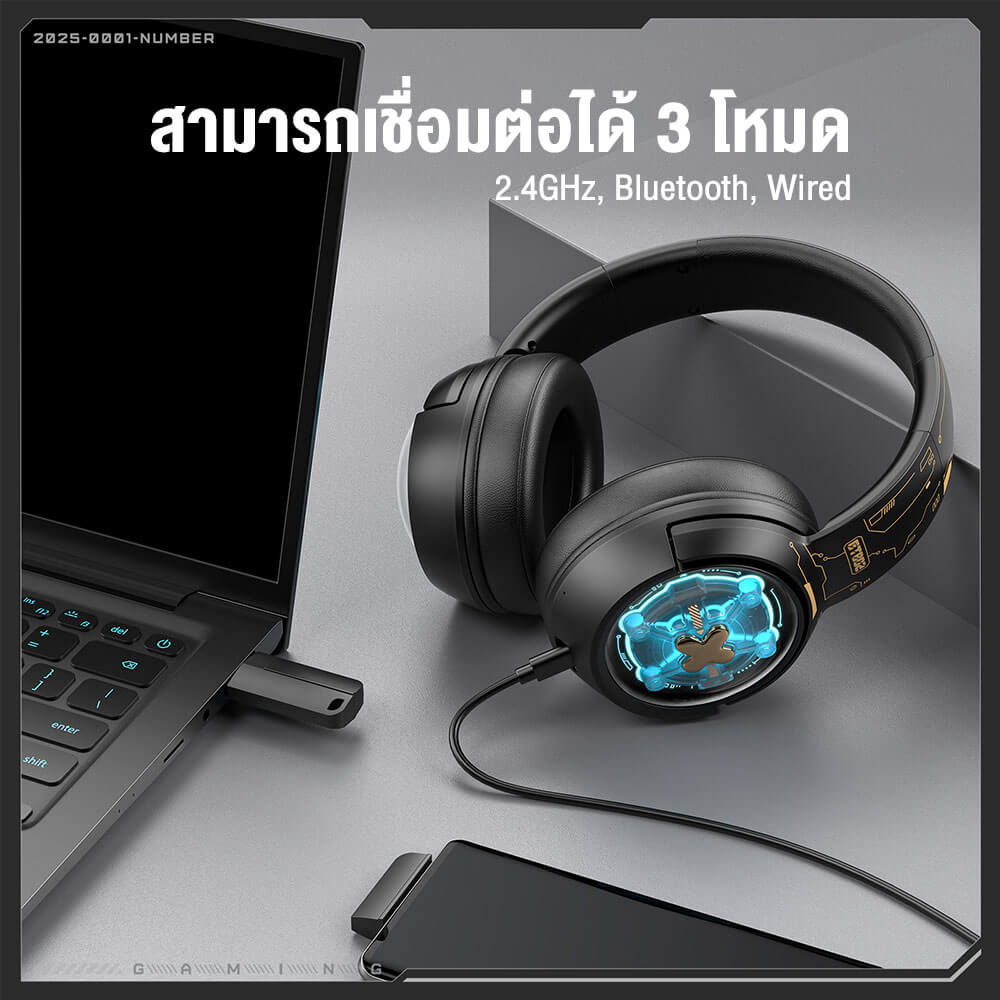 หูฟังเกมมิ่ง ONIKUMA GT802 เชื่อมต่อได้ 3 โหมด BLUETOOTH 5.3 / USB-C / 2.4G DONGLE - สีดำ_6