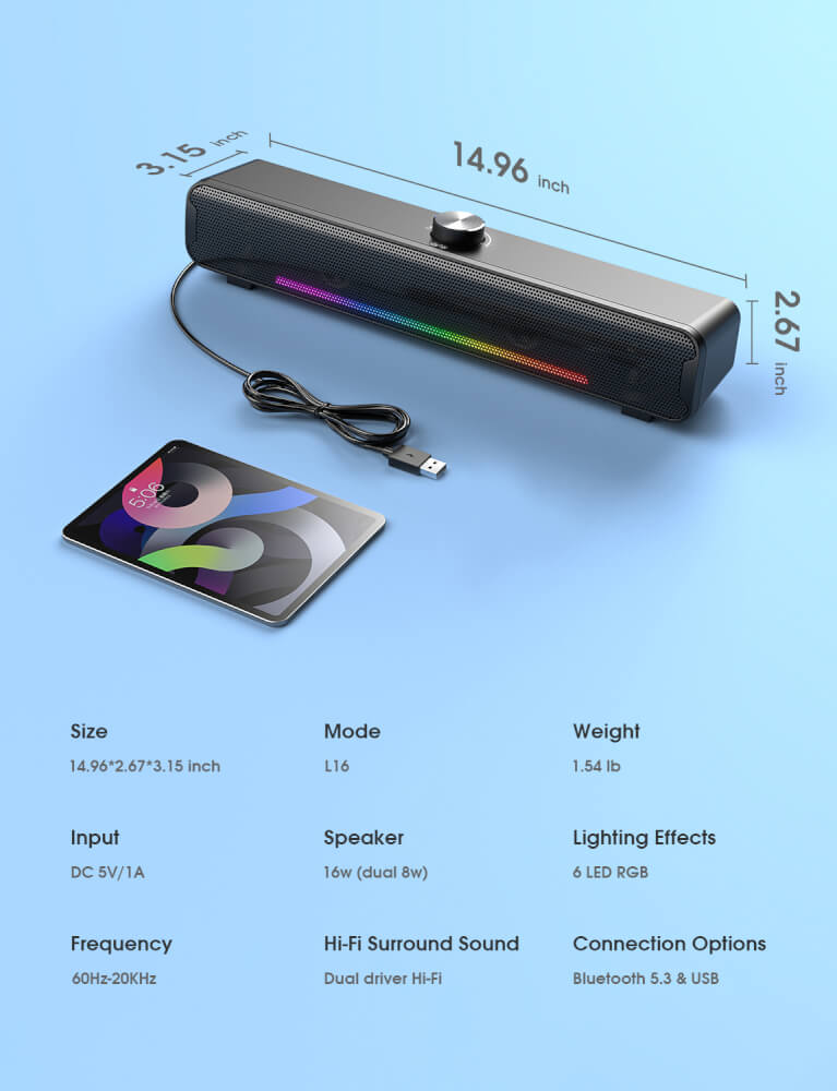 ลำโพงซาวด์บาร์ ONIKUMA L16 16W เชื่อมต่อ BLUETOOTH 5.3 / USB - สีดำ_8