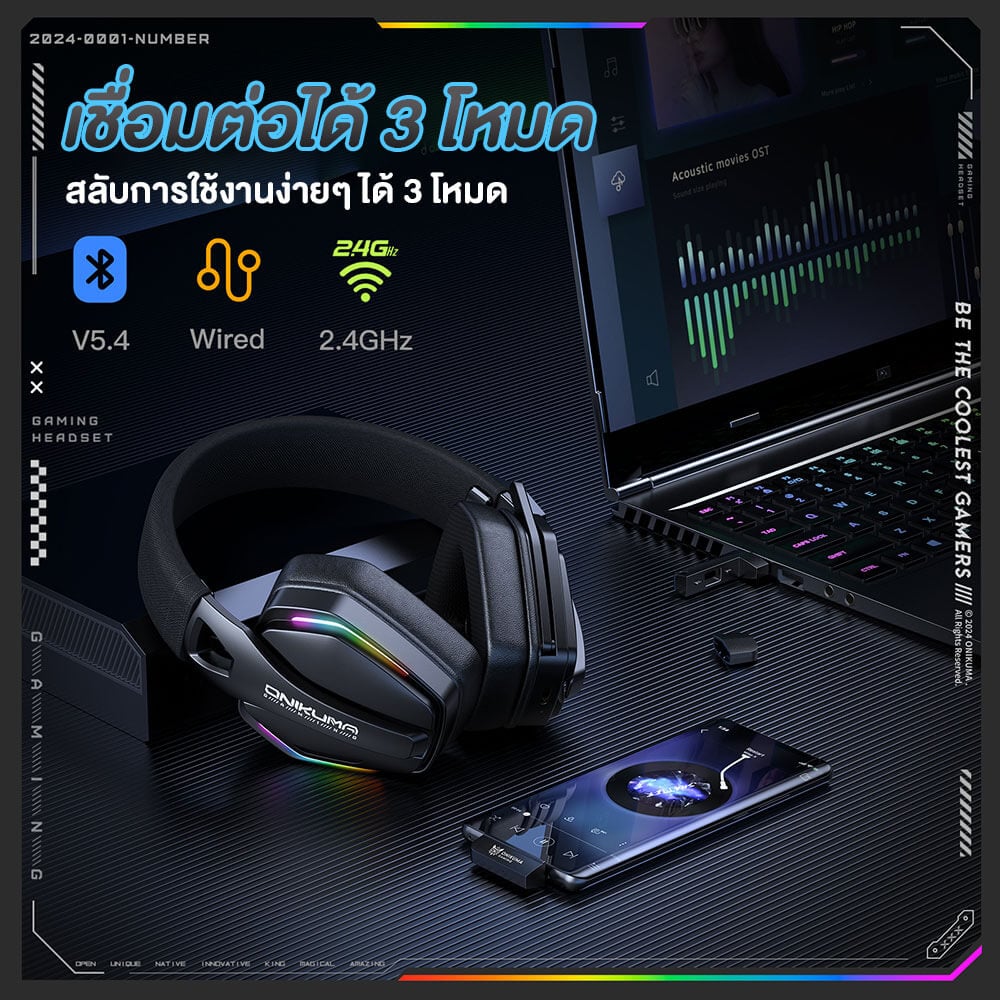 หูฟังเกมมิ่ง ONIKUMA GT826 เชื่อมต่อได้ 3 โหมด BLUETOOTH 5.4 / USB-C / 2.4G DONGLE - สีดำ_9