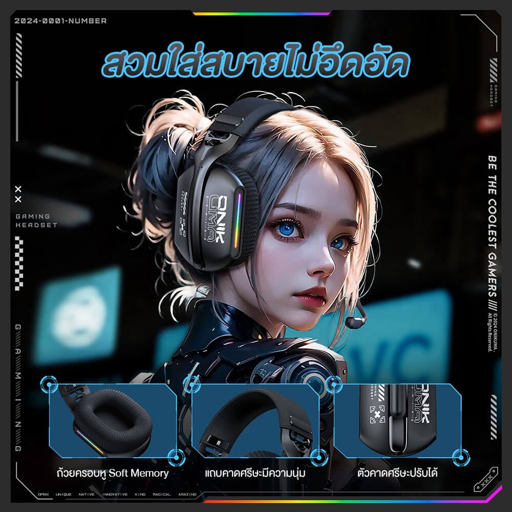 หูฟังเกมมิ่งไร้สาย ONIKUMA GT808 เชื่อมต่อได้ 3 โหมด - สีดำ_10