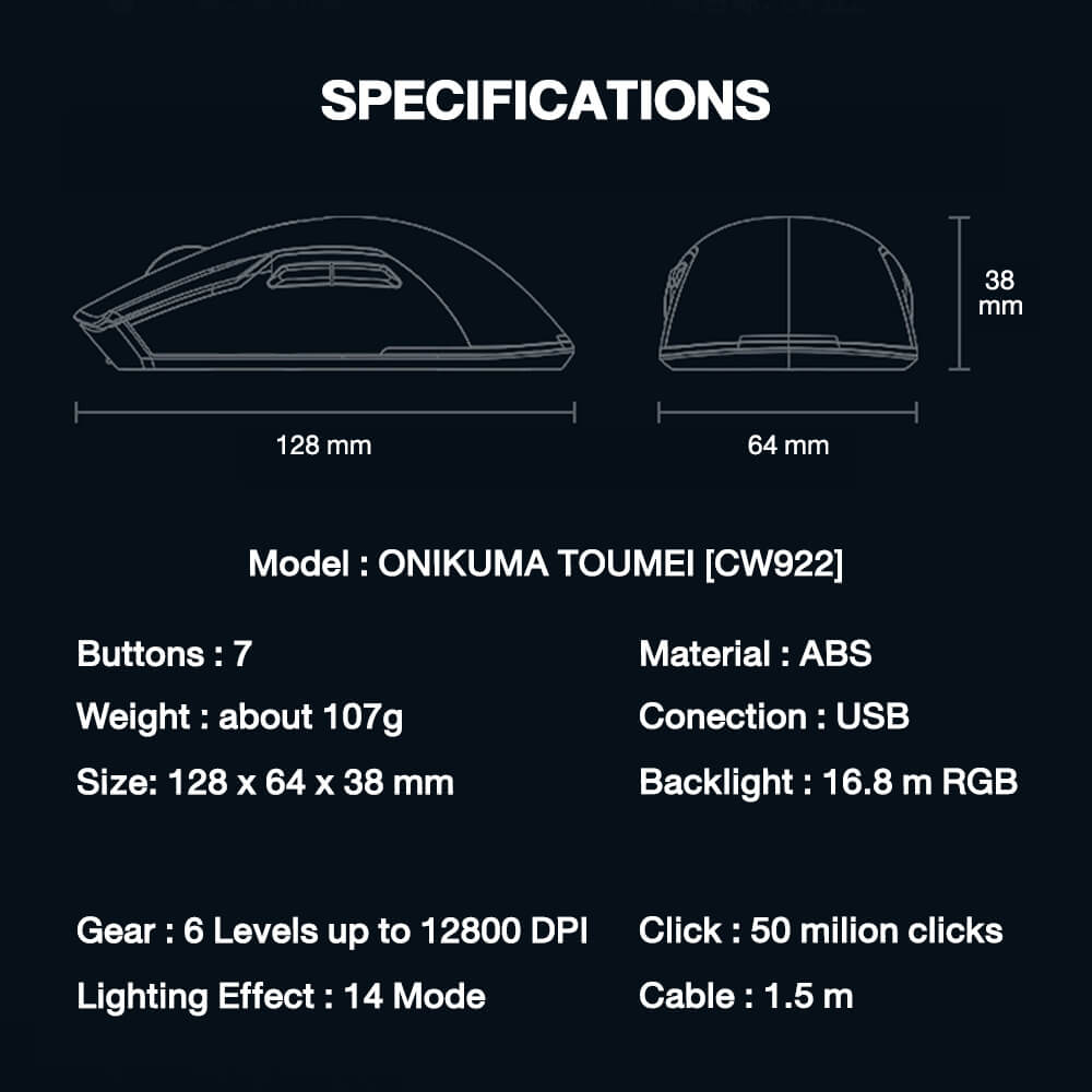 เมาส์เกมมิ่ง ONIKUMA TOUMEI FULL RGB GAMING MOUSE - สีดำ_10
