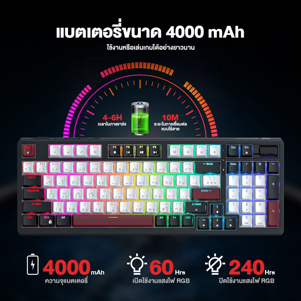 คีย์บอร์ดเกมมิ่งไร้สาย ONIKUMA AKI TRI-MODE GAMING KEYBOARD เชื่อมต่อได้ 3 โหมด - สีดำ (BLUE SWITCH) (TH/EN)_5