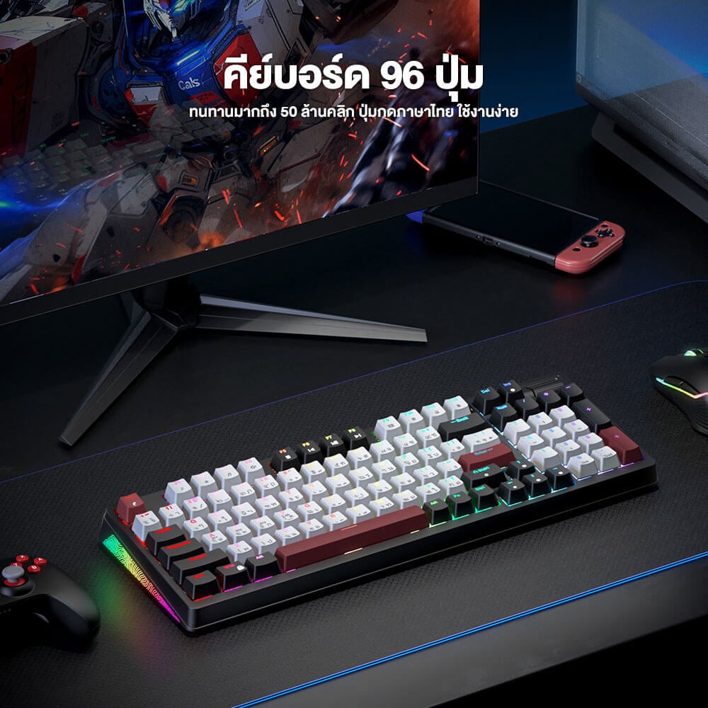 คีย์บอร์ดเกมมิ่งไร้สาย ONIKUMA AKI TRI-MODE GAMING KEYBOARD เชื่อมต่อได้ 3 โหมด - สีดำ (BLUE SWITCH) (TH/EN)_7