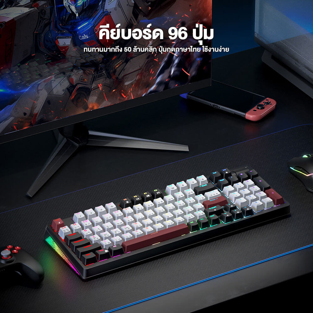 คีย์บอร์ดเกมมิ่งไร้สาย ONIKUMA AKI TRI-MODE GAMING KEYBOARD เชื่อมต่อได้ 3 โหมด - สีดำ (RED SWITCH) (TH/EN)_7