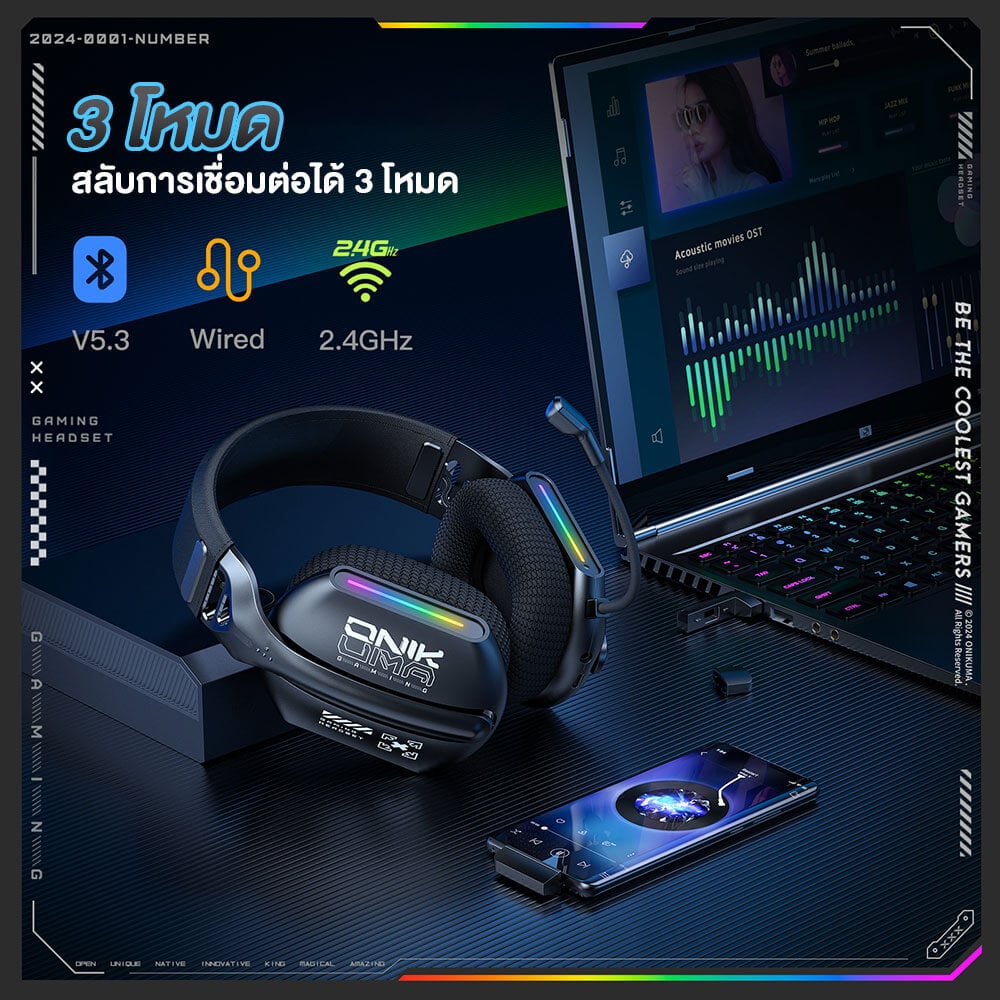 หูฟังเกมมิ่งไร้สาย ONIKUMA GT808 เชื่อมต่อได้ 3 โหมด - สีดำ_9