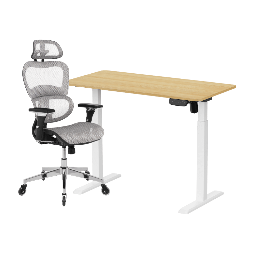 เซ็ตโต๊ะปรับระดับไฟฟ้า+เก้าอี้ทำงานเพื่อสุขภาพ LUNIO ERGO SPACE II (SIZE 120 X 60 CM) + ADAM DOT.1 THE 3D ERGO CHAIR (สีเทา)