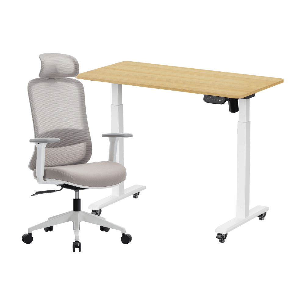 เซ็ตโต๊ะปรับระดับไฟฟ้า มีล้อ ,ULUNIO ERGO SPACE II (SIZE 120 X 60 CM) + เก้าอี้ทำงานเพื่อสุขภาพ LUNIO ERGO STARLIGHT CHAIR (สีขาว)