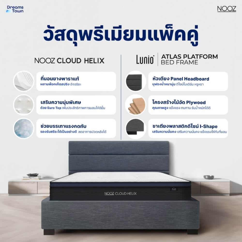 ที่นอนยางพารา 3.5 ฟุต NOOZ CLOUD HELIX  มาพร้อมเตียงไม้อัดคุณภาพสูง สไตล์โมเดิร์น LUNIO ATLAS_1