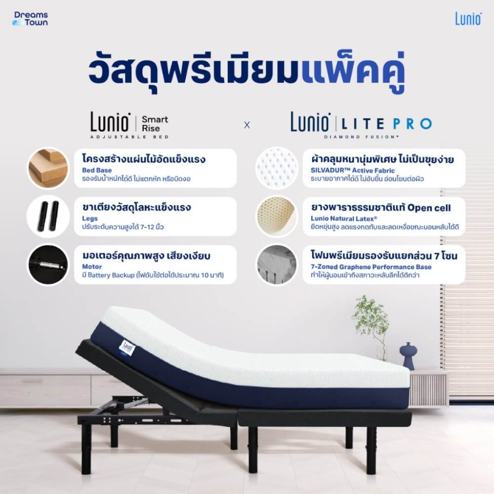 เตียงปรับระดับไฟฟ้า 3 ฟุต 2 ชิ้น LUNIO SMART RISE  มาพร้อมกับที่นอนยางพารา 6 ฟุต LITE PRO_1