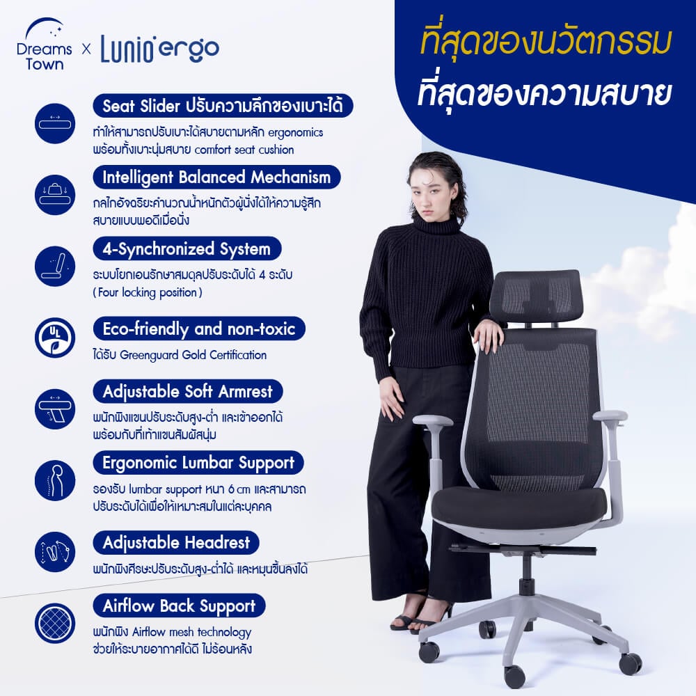 เก้าอี้ทำงาน เพื่อสุขภาพ LUNIO ERGO APOLLO SMART X2 CHAIR GRAY ASTRON สีเทา_2