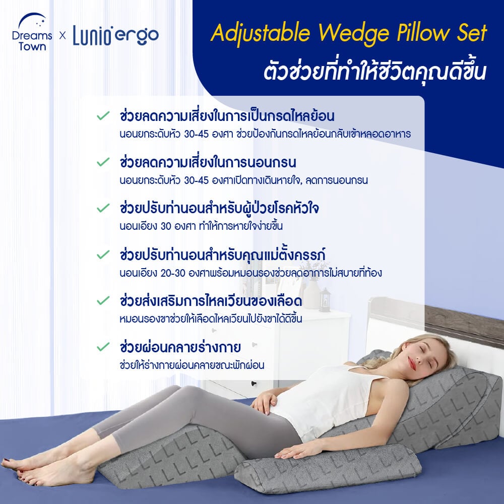 เซ็ตหมอนปรับองศาการนอน LUNIO ERGO ADJUSTABLE WEDGE PILLOW SET