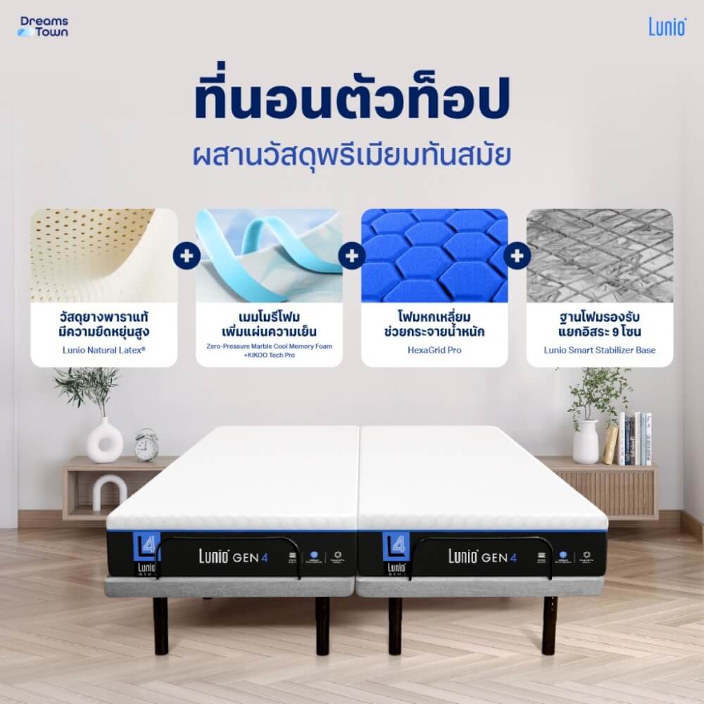 เตียงปรับระดับไฟฟ้า 3.5 ฟุต LUNIO SMART RISE มาพร้อมกับที่นอนยางพารา 3.5 ฟุต LUNIO GEN4