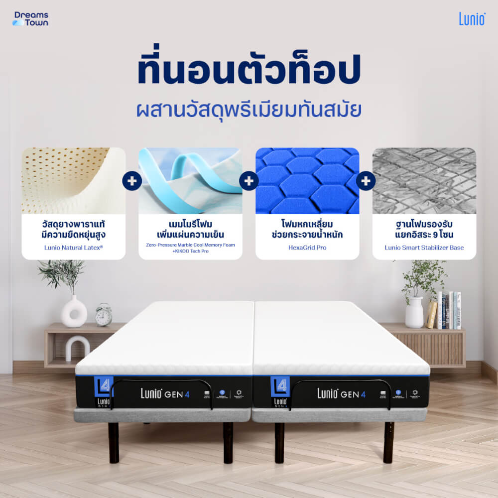 เตียงปรับระดับไฟฟ้า 6 ฟุต LUNIO SMART RISE มาพร้อมกับที่นอนยางพารา 6 ฟุต LUNIO GEN4