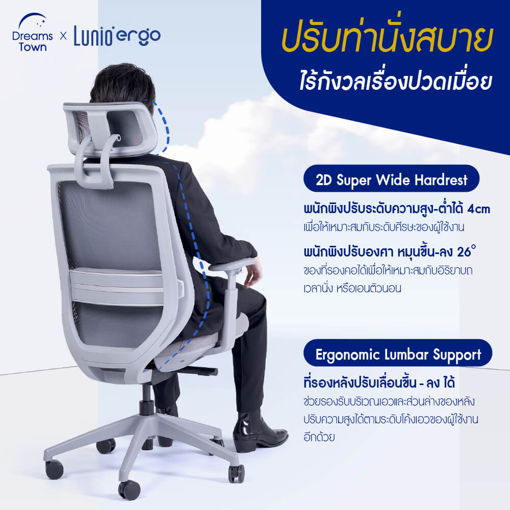 เก้าอี้ทำงาน เพื่อสุขภาพ LUNIO ERGO APOLLO SMART X2 CHAIR GRAY ASTRON สีเทา_3