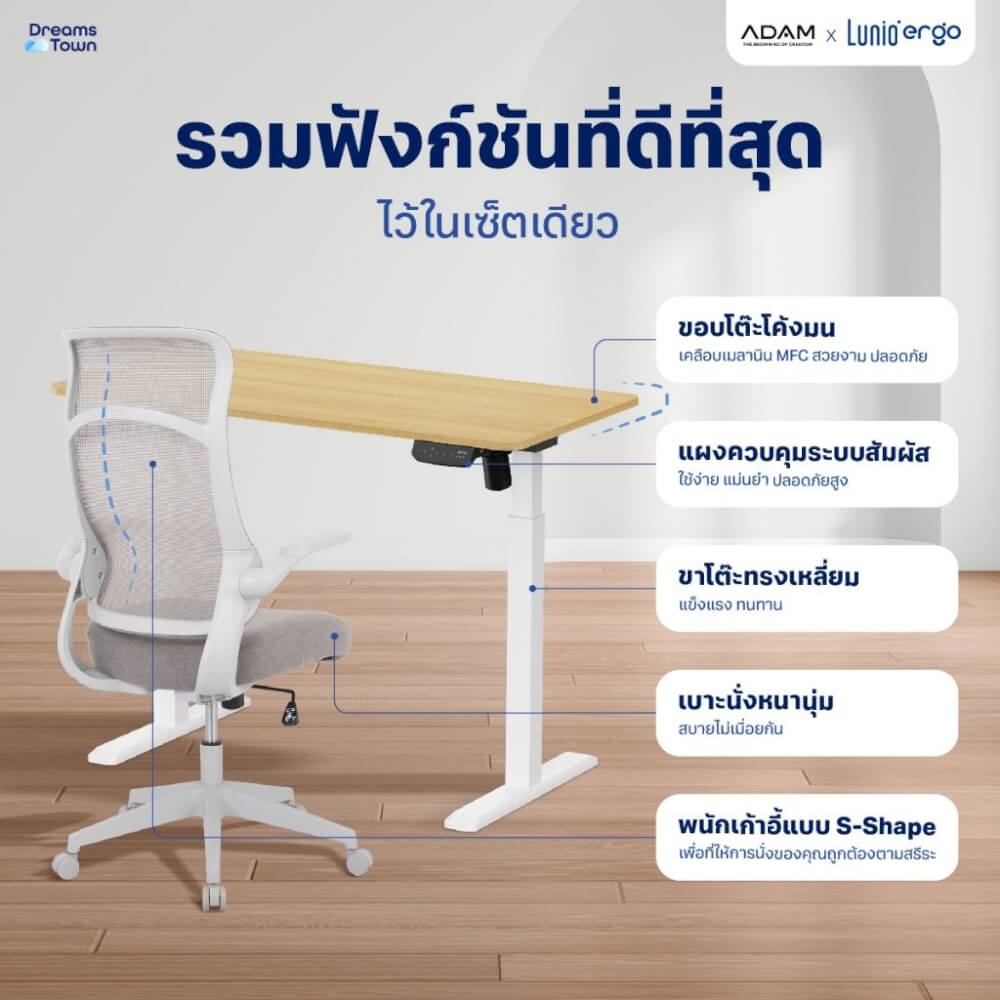 เซ็ตโต๊ะปรับระดับไฟฟ้า+เก้าอี้ทำงานเพื่อสุขภาพ LUNIO ERGO SPACE II (SIZE 160 X 80 CM) + ADAM DOT.2 ERGO CHAIR GRAVITY (สีเทา)_4