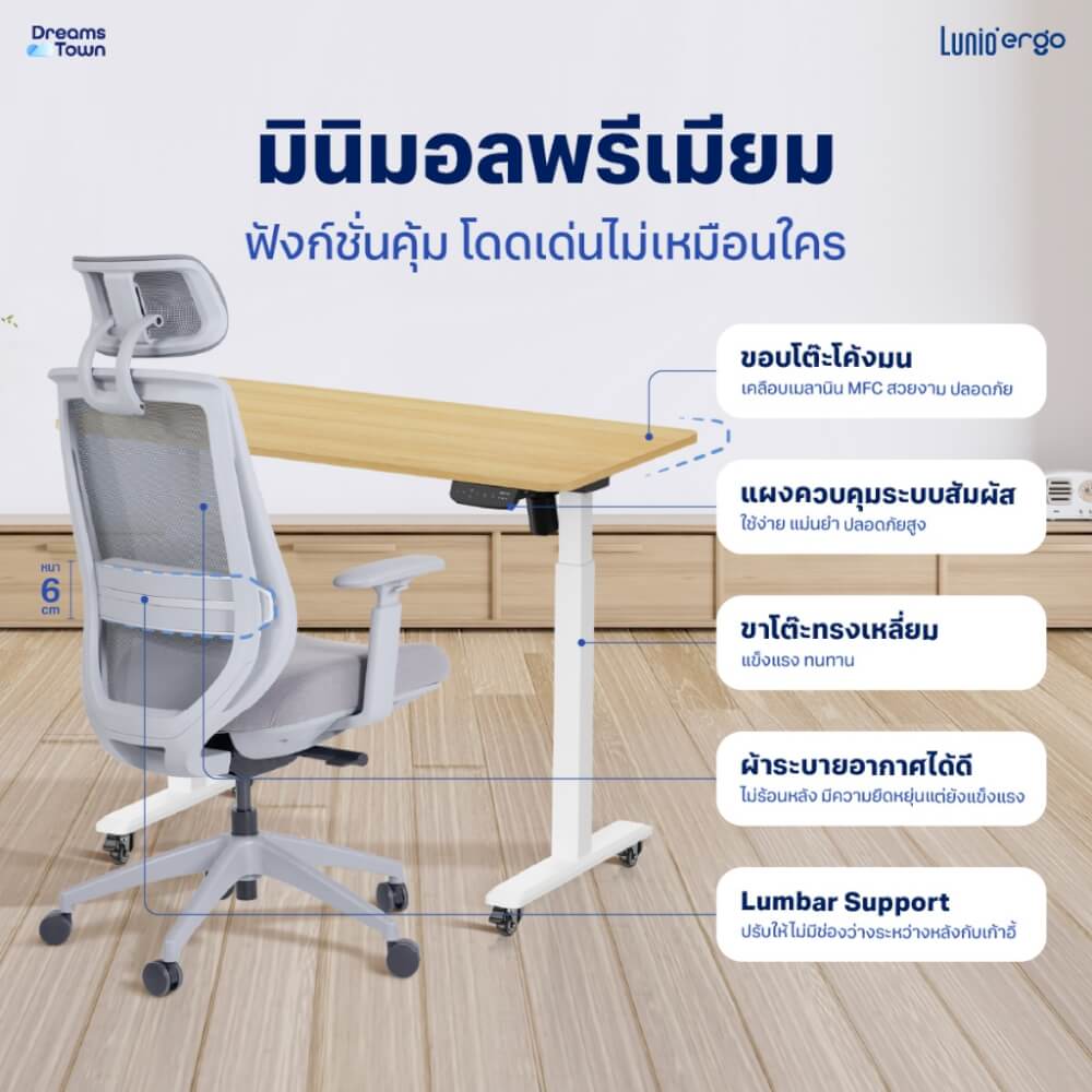 เซ็ตสุดคุ้มโต๊ะปรับระดับไฟฟ้า มีล้อ LUNIO ERGO SPACE II (SIZE 120 X 60 CM) + เก้าอี้ทำงานเพื่อสุขภาพ LUNIO ERGO APOLLO SMART X2 (สีเทา/เทา)_4