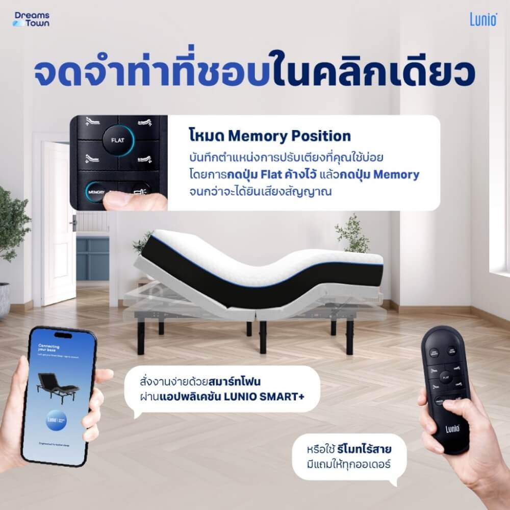เตียงปรับระดับไฟฟ้า 3.5 ฟุต LUNIO SMART RISE มาพร้อมกับที่นอนยางพารา 3.5 ฟุต LUNIO GEN4