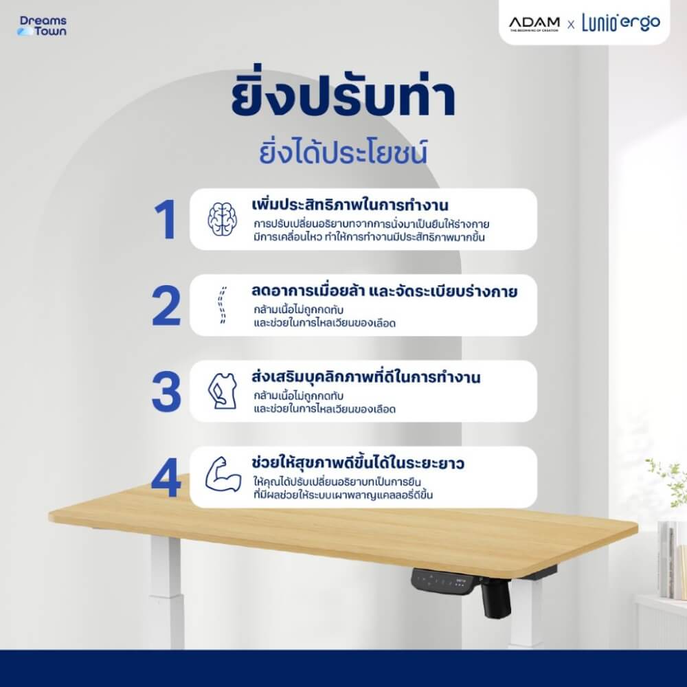 เซ็ตโต๊ะปรับระดับไฟฟ้า มีล้อ LUNIO ERGO SPACE II (SIZE 160 X 80 CM) + เก้าอี้ทำงานเพื่อสุขภาพ ADAM DOT.2 ERGO CHAIR GRAVITY (สีดำ)_5