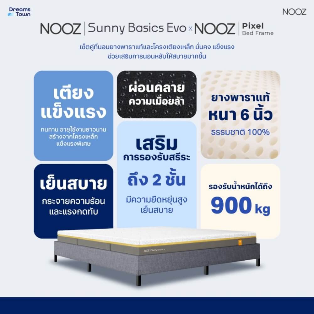 ที่นอนยางพาราแท้ 5 ฟุต NOOZ SUNNY BASICS EVO  มาพร้อมกับฐานเตียง 5 ฟุต NOOZ PIXEL BED FRAME (ไม่มีหัวเตียง)