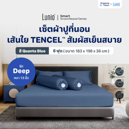 เซ็ตผ้าปูที่นอน เกรดพรีเมียม 6 ฟุต LUNIO SNOWWEAVE BEDDING SET รุ่น DEEP สีน้ำเงิน 5ชิ้น (สำหรับที่นอนหนา 13นิ้ว)_9