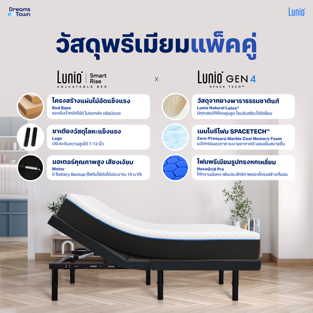 เตียงปรับระดับไฟฟ้า 6 ฟุต LUNIO SMART RISE มาพร้อมกับที่นอนยางพารา ขนาด 3 ฟุต 2 หลัง LUNIO GEN4_1