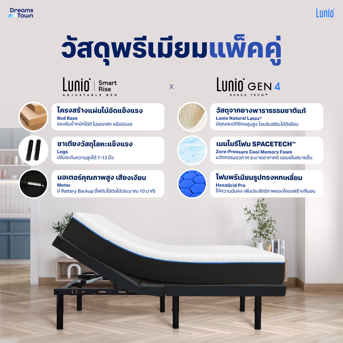 เตียงปรับระดับไฟฟ้า 5 ฟุต LUNIO SMART RISE  มาพร้อมกับที่นอนยางพารา 5 ฟุต LUNIO GEN4_1