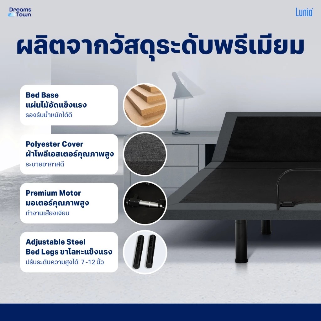 เตียงปรับระดับไฟฟ้า+กรอบเตียง 3.5 ฟุต LUNIO SMART RISE ADJUSTABLE BED + LUNIO ATLAS ADJUSTABLE BED FRAME GRAY_1