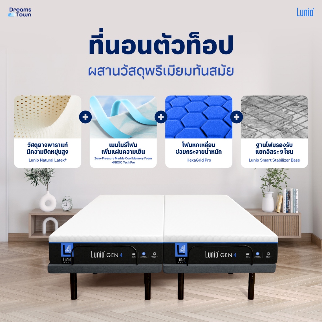 เตียงปรับระดับไฟฟ้า 5 ฟุต LUNIO SMART RISE  มาพร้อมกับที่นอนยางพารา 5 ฟุต LUNIO GEN4_2