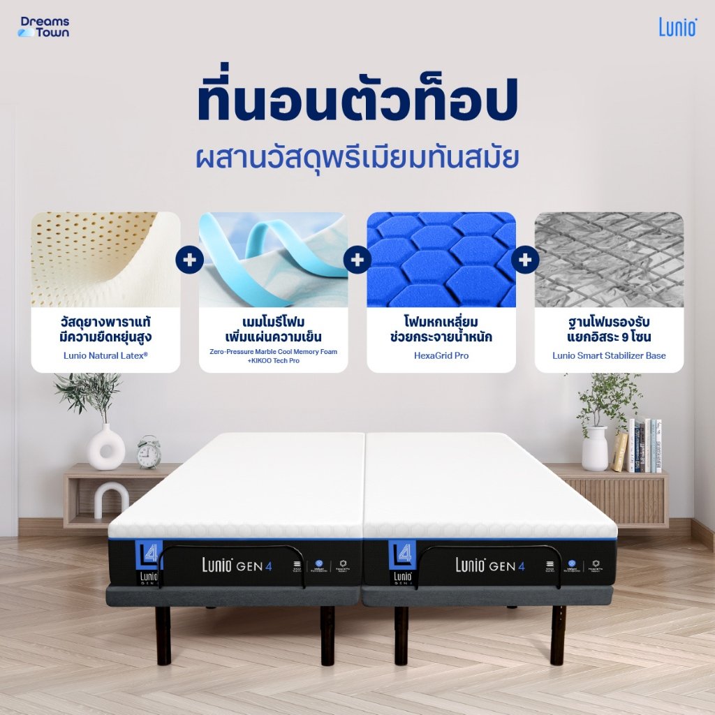 เตียงปรับระดับไฟฟ้า 6 ฟุต LUNIO SMART RISE มาพร้อมกับที่นอนยางพารา 6 ฟุต LUNIO GEN4_2