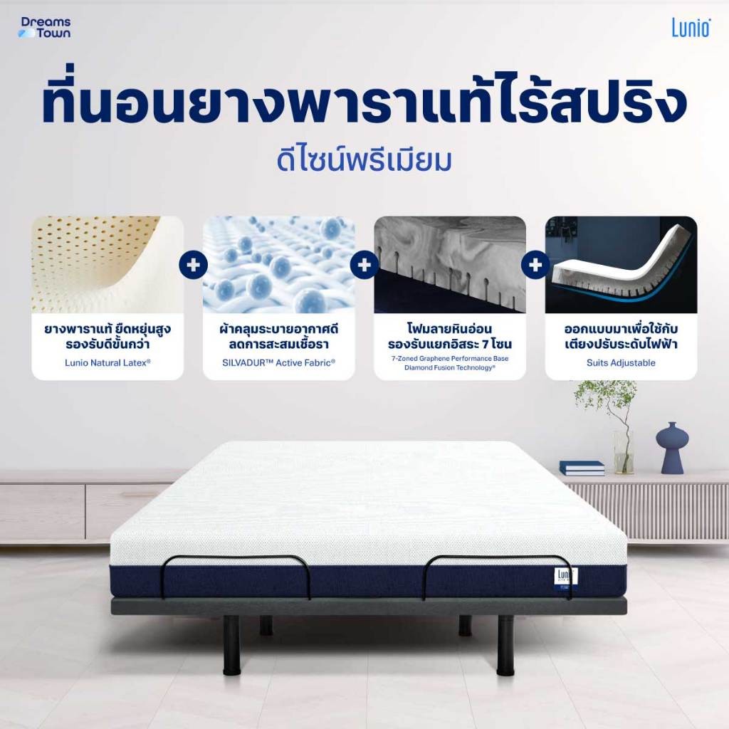 เตียงปรับระดับไฟฟ้า 6 ฟุต LUNIO SMART RISE  มาพร้อมกับที่นอนยางพารา 6 ฟุต LITE PRO_2