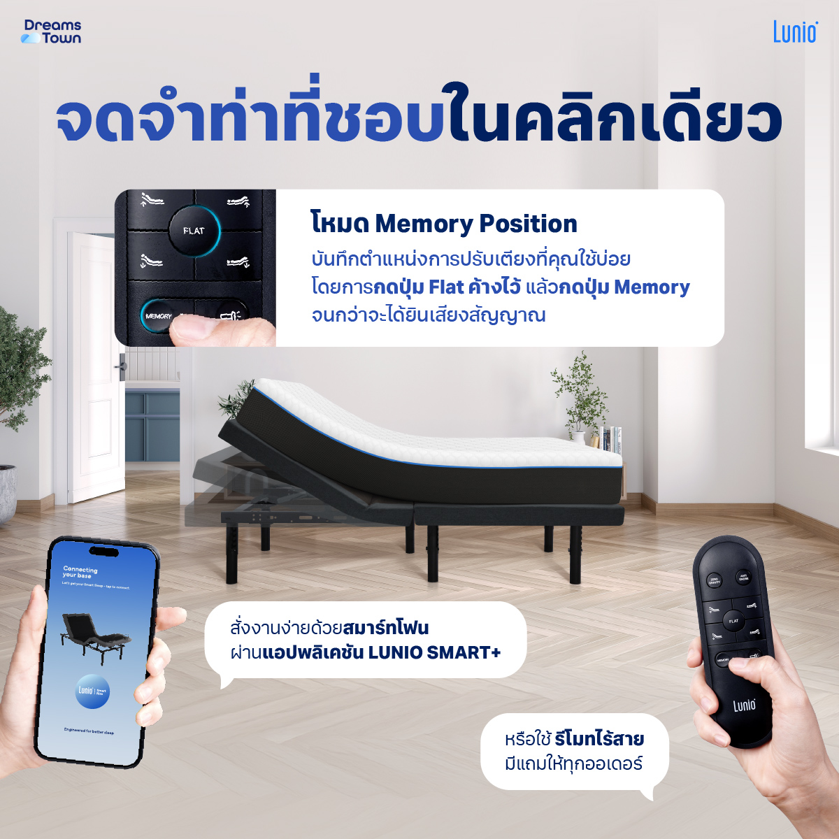 เตียงปรับระดับไฟฟ้า 5 ฟุต LUNIO SMART RISE  มาพร้อมกับที่นอนยางพารา 5 ฟุต LUNIO GEN4_4