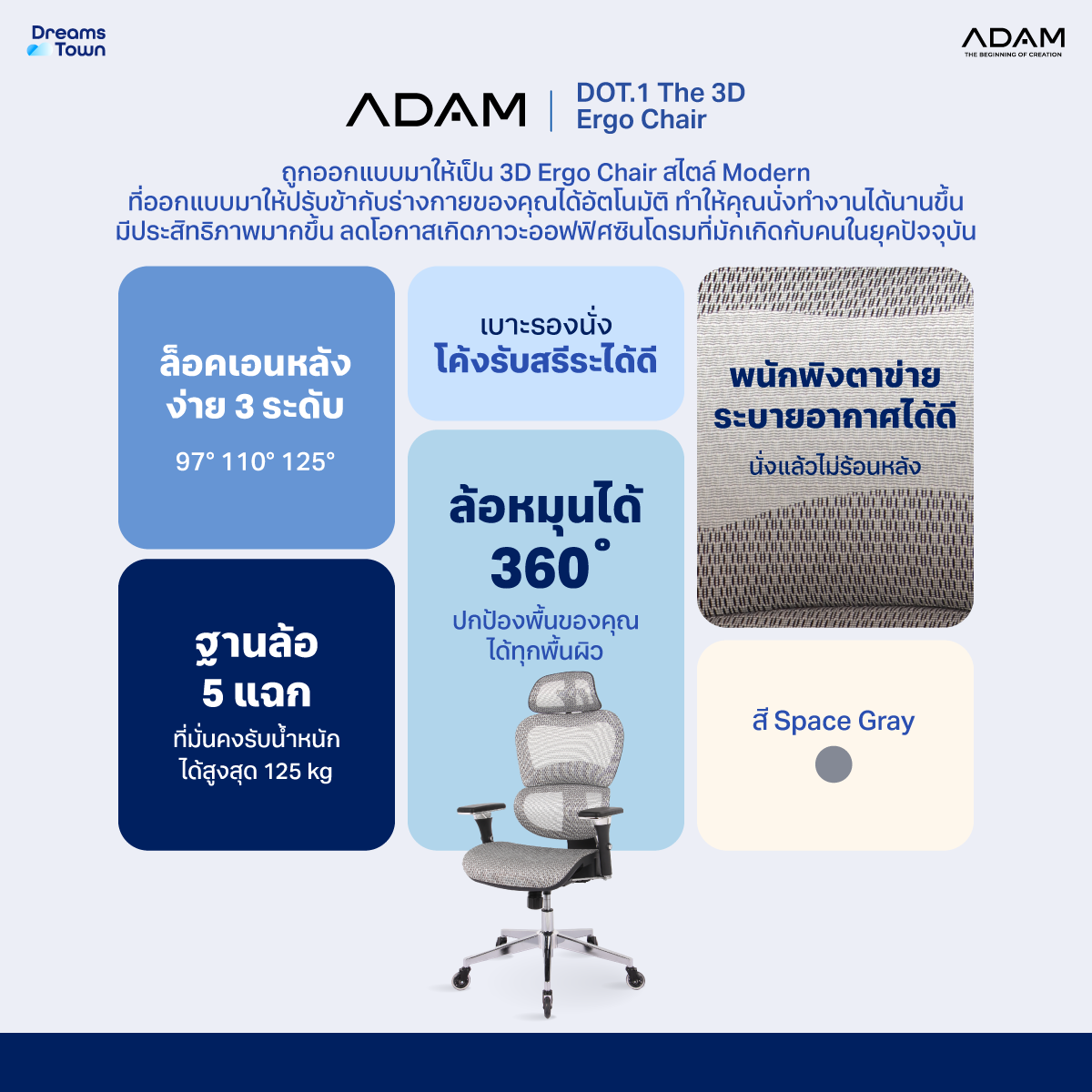 เก้าอี้ทำงาน เพื่อสุขภาพ ADAM รุ่น DOT1 ERGO CHAIR SPACE GRAY สีเทา_7