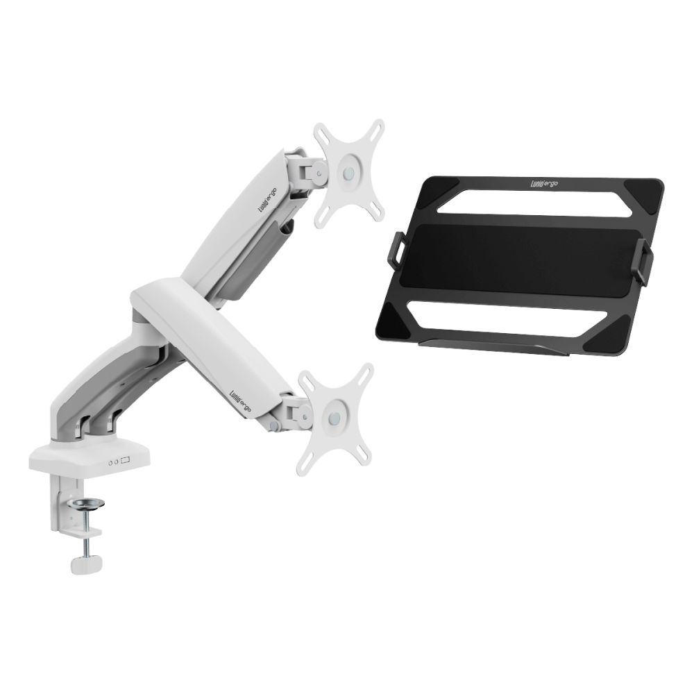 [เซ็ตสุดคุ้ม] LUNIO ERGO MONITOR ARM CYBOT สีขาว 2 แขนจับจอคอม มาพร้อม แท่นวางโน็ตบุ๊ค แลปท็อป LUNIO ERGO CYPAD สีดำ