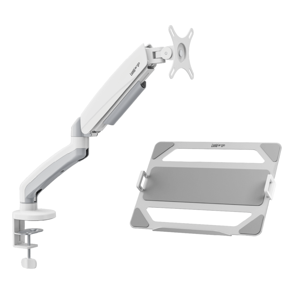 [เซ็ตสุดคุ้ม] LUNIO ERGO MONITOR ARM CYBOT สีขาว 1 แขนจับจอคอม มาพร้อม แท่นวางโน็ตบุ๊ค แลปท็อป LUNIO ERGO CYPAD สีเงิน