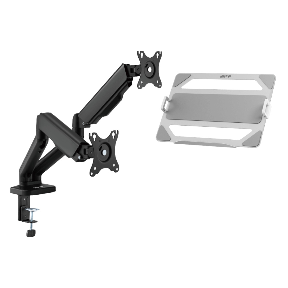 [เซ็ตสุดคุ้ม] LUNIO ERGO MONITOR ARM CYBOT สีดำ 2 แขนจับจอคอม มาพร้อม แท่นวางโน็ตบุ๊ค แลปท็อป LUNIO ERGO CYPAD สีเงิน