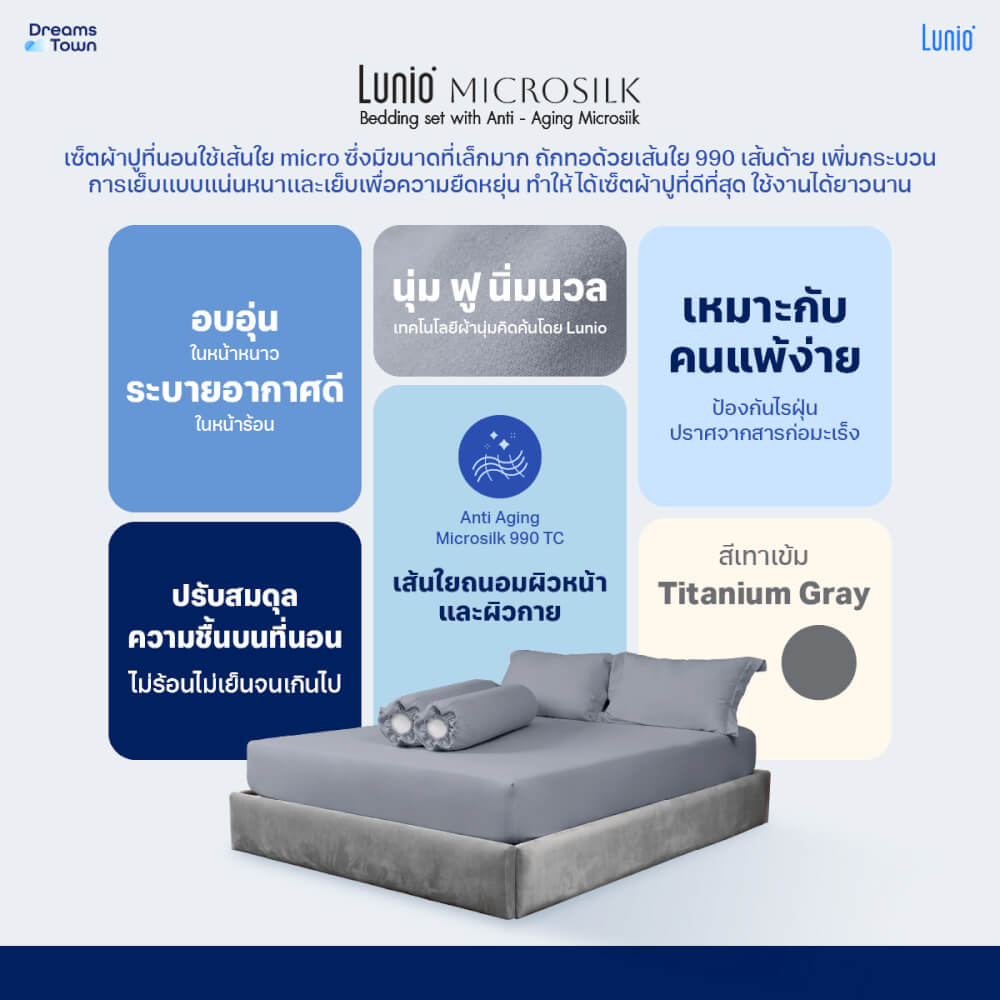 ผ้าปูที่นอน 6 ฟุต Lunio Microsilk Bedding สีเทาเข้ม Titanium Gray