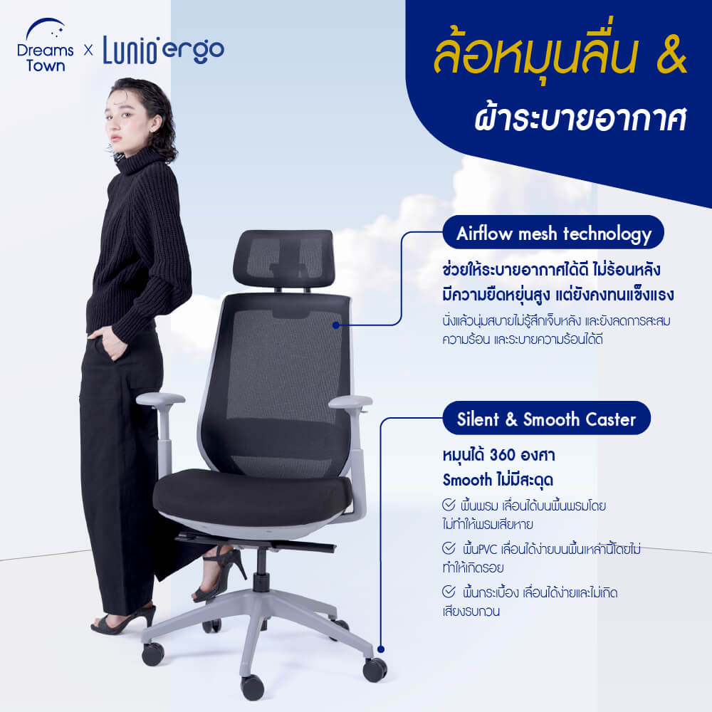 เก้าอี้ทำงาน เพื่อสุขภาพ LUNIO ERGO APOLLO CHAIR BLACK JET สีดำ