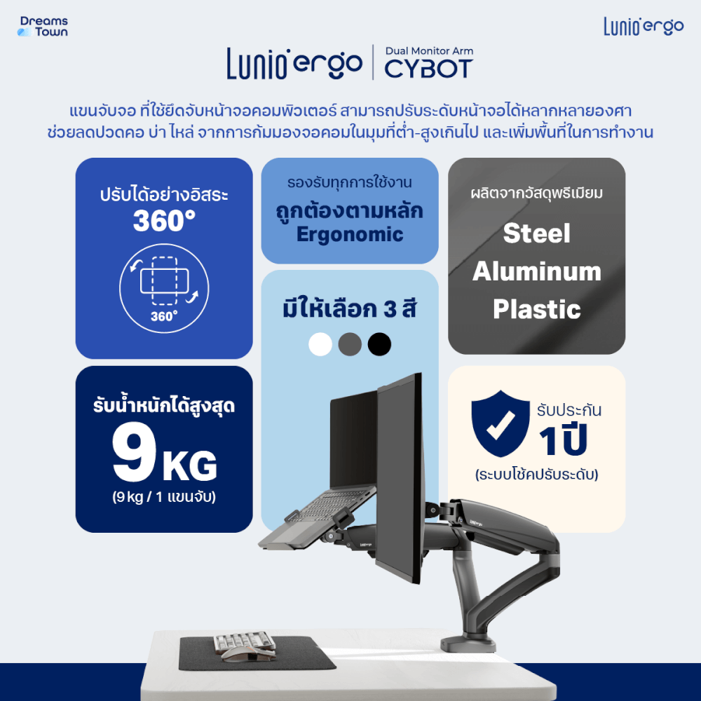 [เซ็ตสุดคุ้ม] LUNIO ERGO MONITOR ARM CYBOT สีเทา 2 แขนจับจอคอม มาพร้อม แท่นวางโน็ตบุ๊ค แลปท็อป LUNIO ERGO CYPAD สีดำ