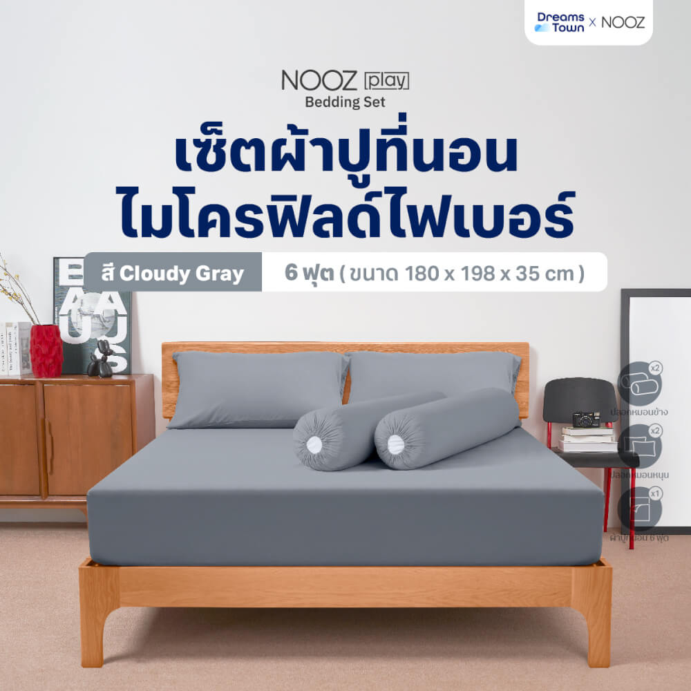 ผ้าปูที่นอน 6 ฟุต Nooz Play รุ่น Bedding Set สีเทา Cloudy Gray