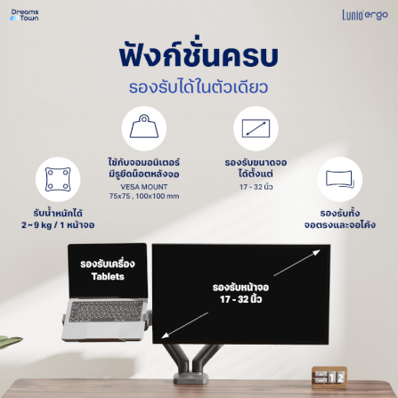 [เซ็ตสุดคุ้ม] LUNIO ERGO MONITOR ARM CYBOT สีเทา 2 แขนจับจอคอม มาพร้อม แท่นวางโน็ตบุ๊ค แลปท็อป LUNIO ERGO CYPAD สีดำ_2