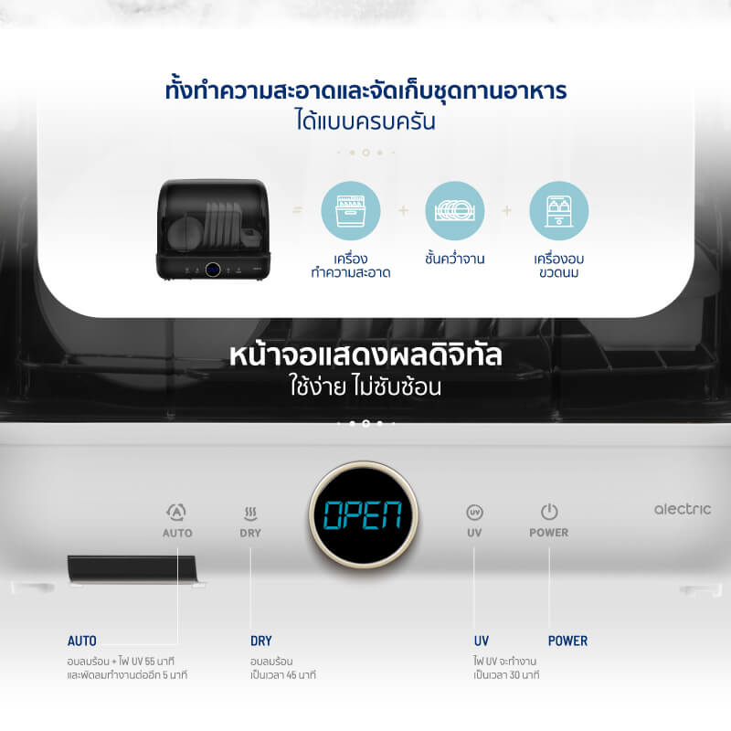 เครื่องอบจานไฟฟ้าพรัอมแสง UV ALECTRIC รุ่น DV1 สีขาว