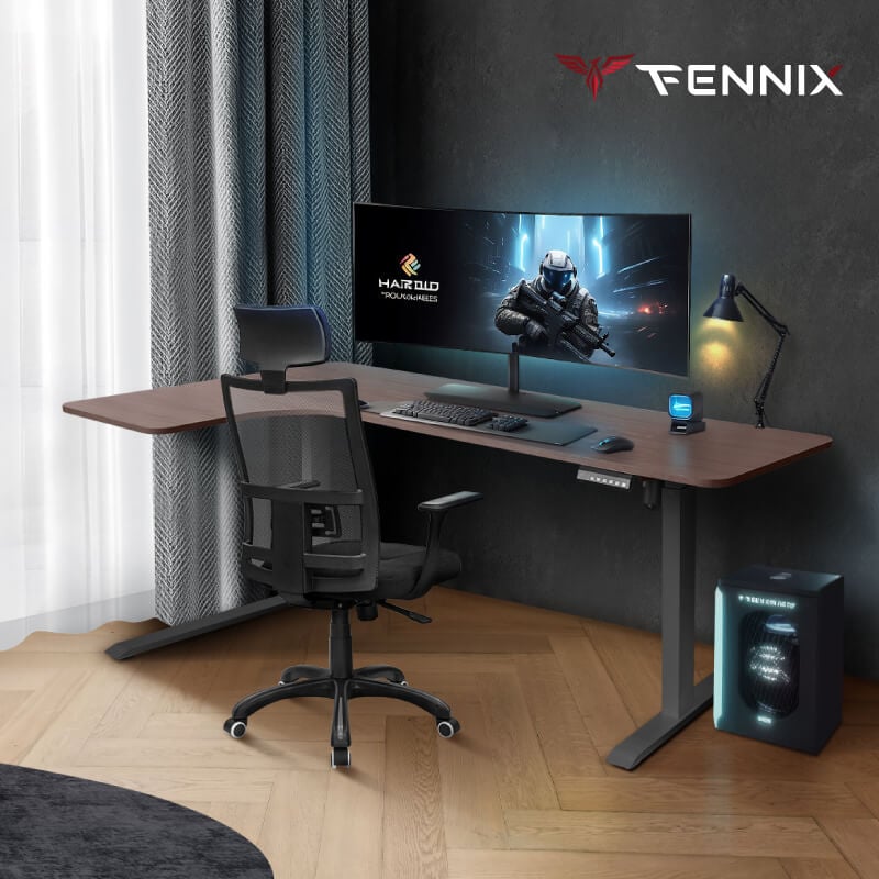 โต๊ะทำงานเพื่อสุขภาพ Fennix รุ่น L-Shaped สีไม้สีเข้ม/ดำ