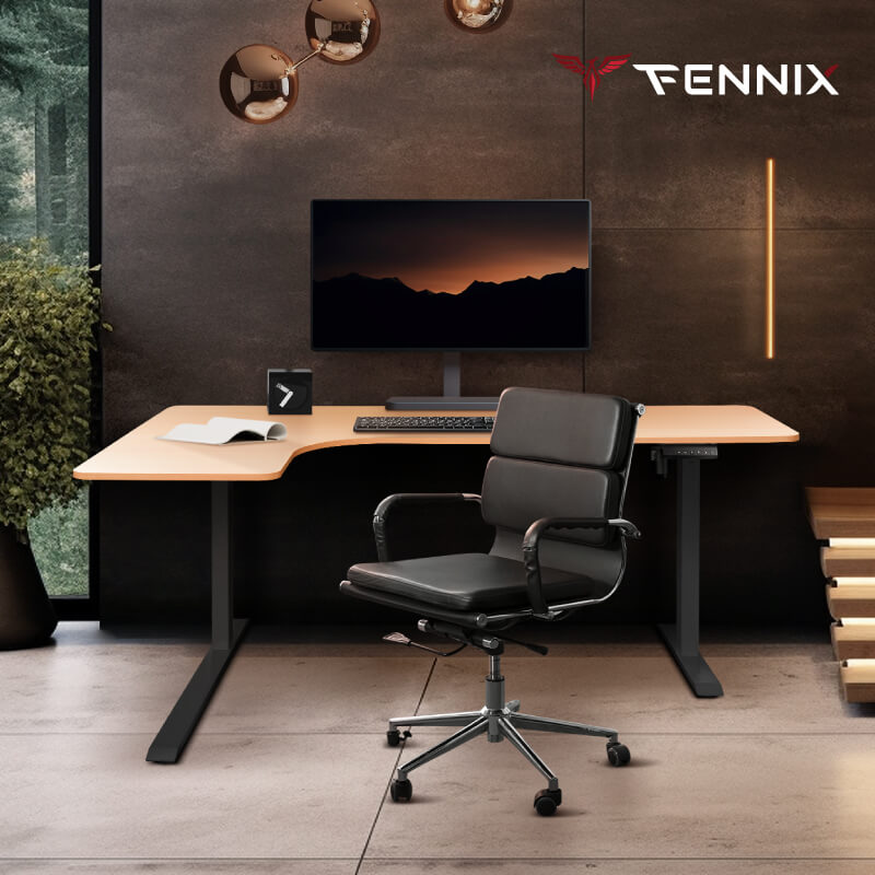 โต๊ะทำงานเพื่อสุขภาพ Fennix รุ่น L-Shaped สีโอ๊ค/ดำ
