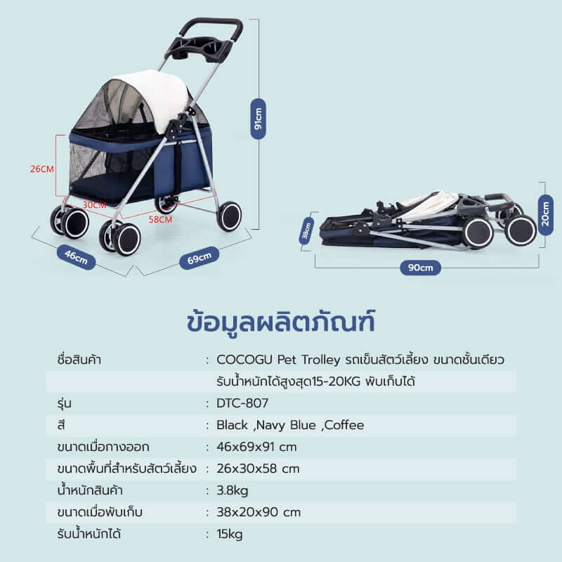 รถเข็นสัตว์เลี้ยง COCOGU รุ่น DTC-807 สีน้ำเงิน