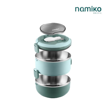 กล่องอาหาร Namiko รุ่น ทรงกลม 2 ชั้น 1400ml สีเขียว_1