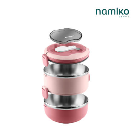 กล่องอาหาร Namiko รุ่น ทรงกลม 2 ชั้น 1400ml สีชมพู_1